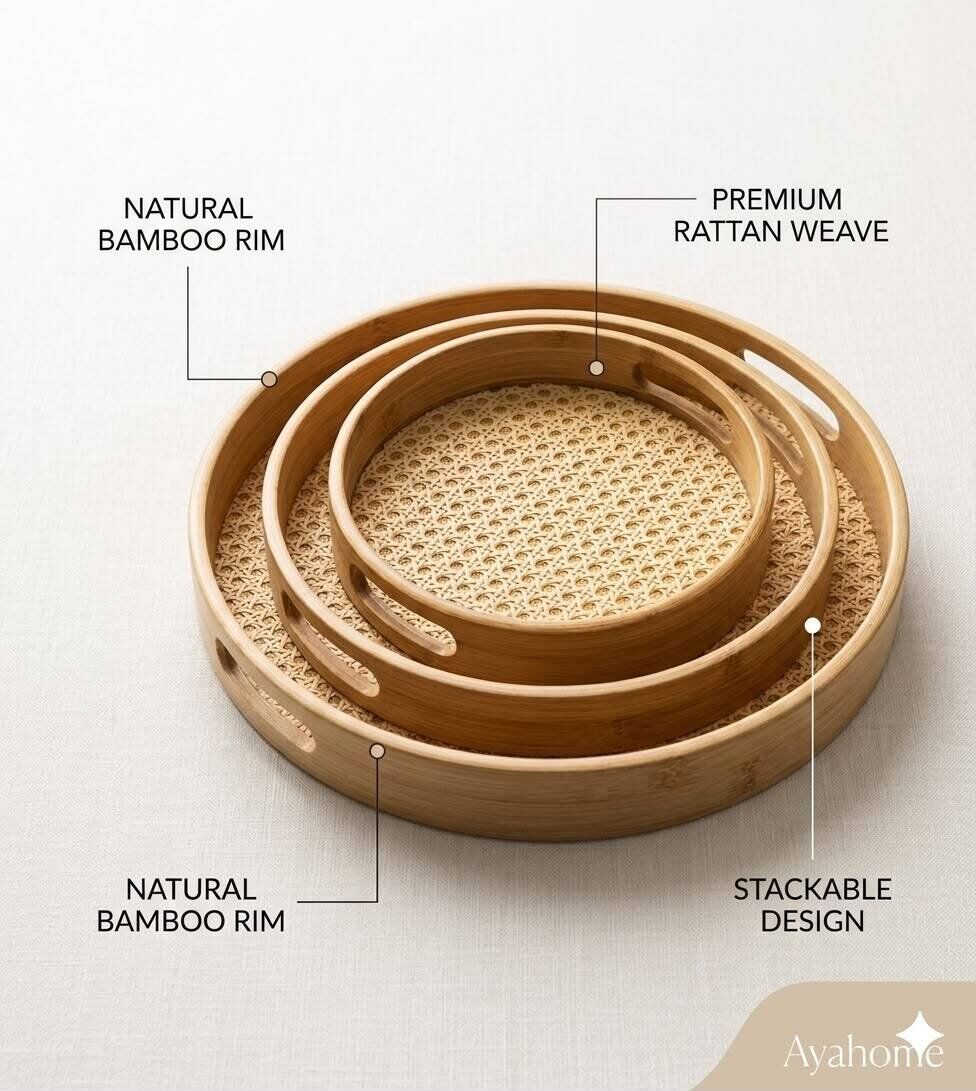 Lot De 3 Plateaux Rond En Bambou Naturel Et Rotin Tressé  thumbnail 2