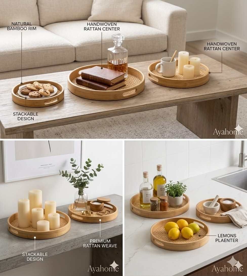 Lot De 3 Plateaux Rond En Bambou Naturel Et Rotin Tressé  thumbnail 3
