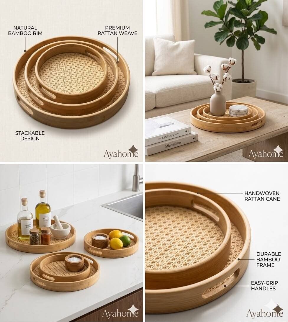 Lot De 3 Plateaux Rond En Bambou Naturel Et Rotin Tressé  thumbnail 4