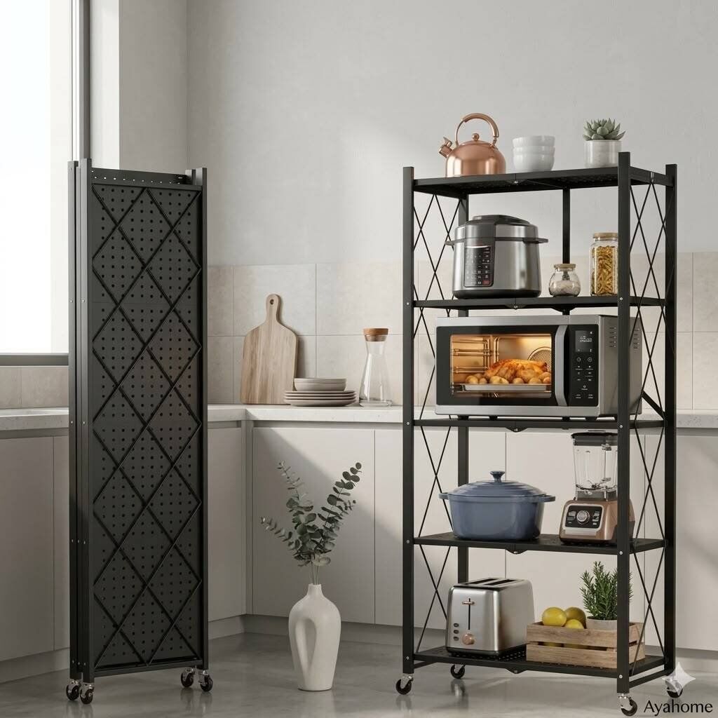Étagère De Cuisine Pliable 5 Niveaux – Métal Noir Avec Roulettes – 160 × 70 × 35 Cm thumbnail 2