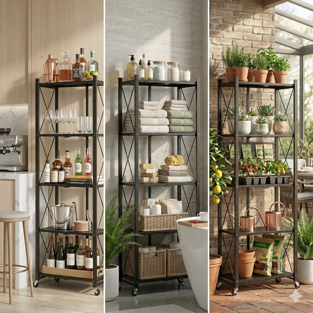 Étagère De Cuisine Pliable 5 Niveaux – Métal Noir Avec Roulettes – 160 × 70 × 35 Cm thumbnail 3