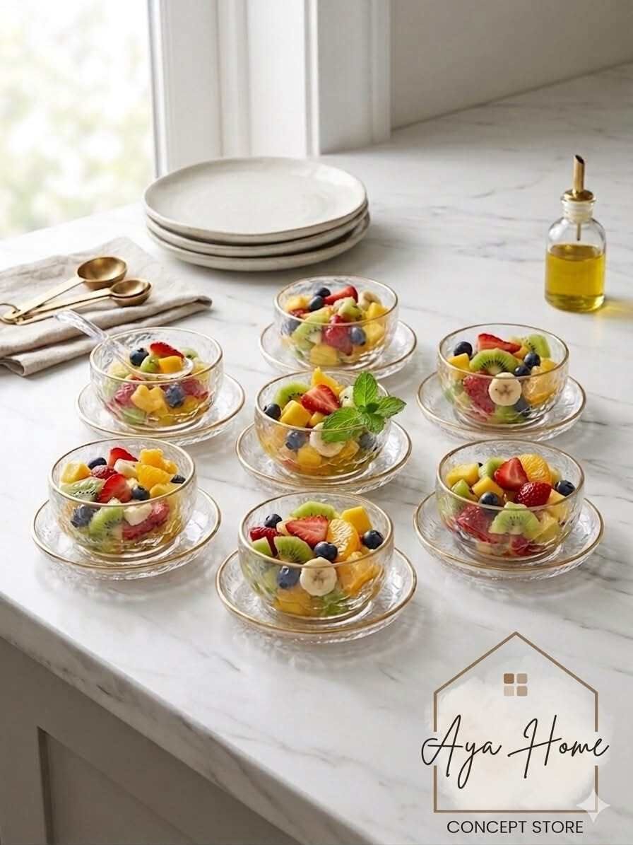 Set 12 Pièces – 6 Bols En Verre & 6 Soucoupes À Bordure Dorée – Design Texturé thumbnail 1