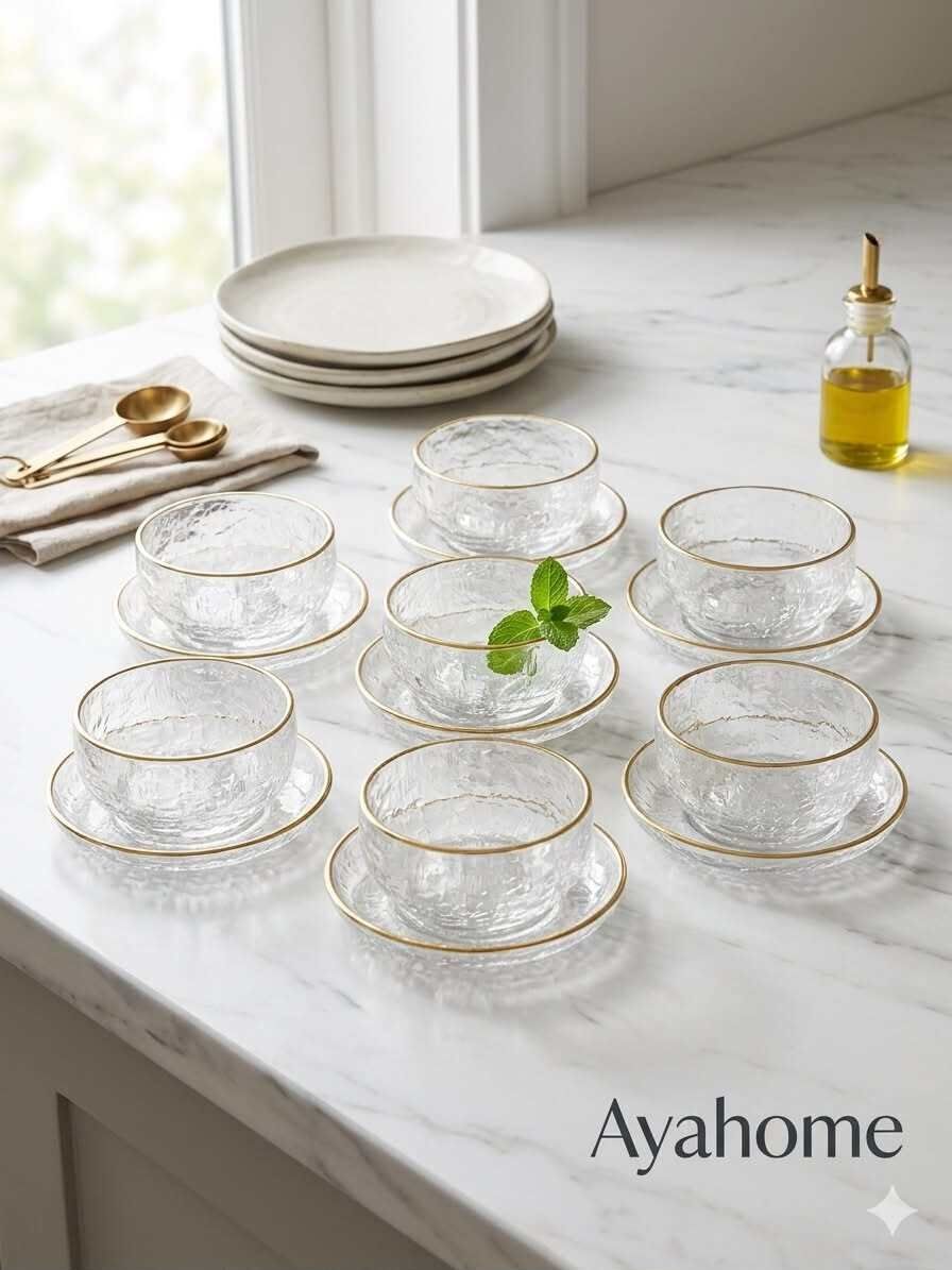 Set 12 Pièces – 6 Bols En Verre & 6 Soucoupes À Bordure Dorée – Design Texturé thumbnail 2