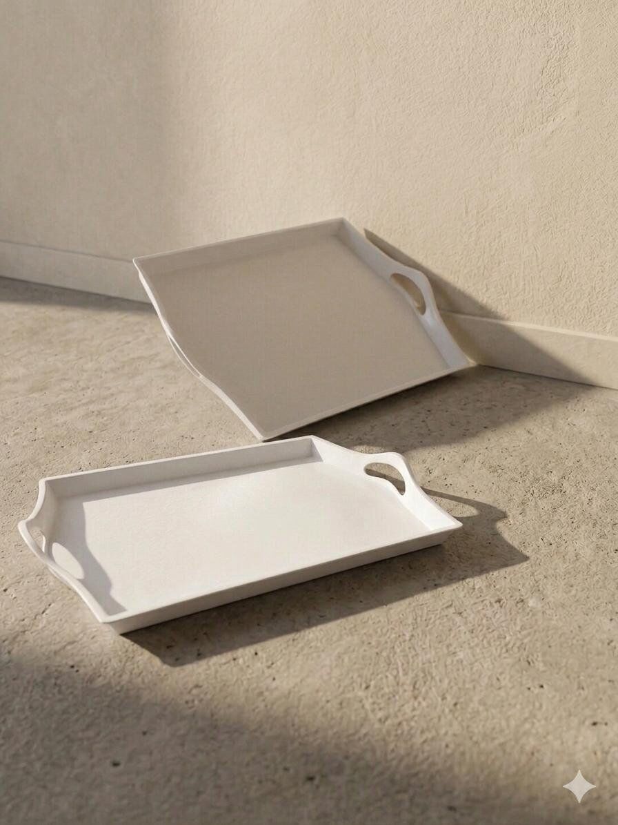 Lot De 2 Plateaux De Service 46 × 32 Cm – Plastique Rigide Blanc Mat thumbnail 2