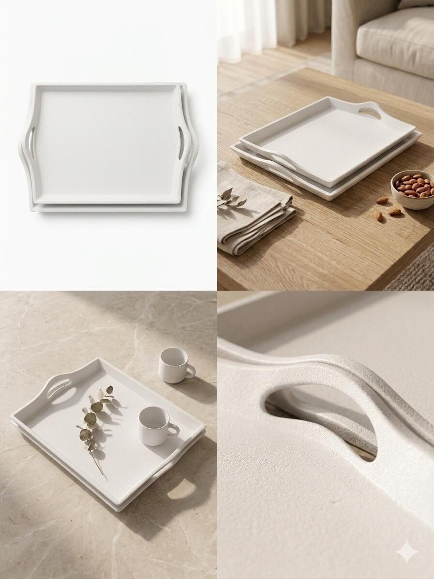 Lot De 2 Plateaux De Service 46 × 32 Cm – Plastique Rigide Blanc Mat thumbnail 4