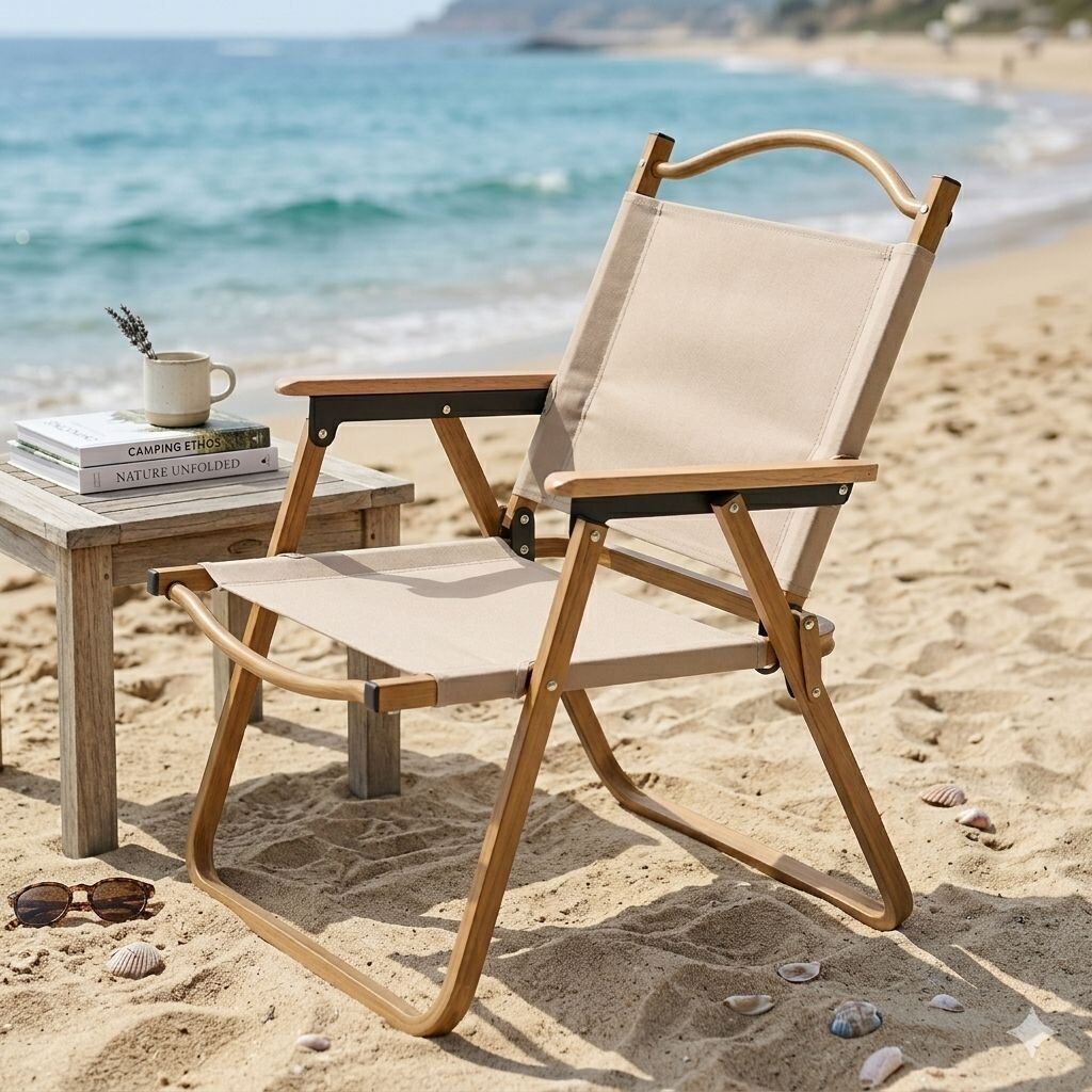 Chaise de Camping Pliante Style Scandinave – Bois et Toile Beige