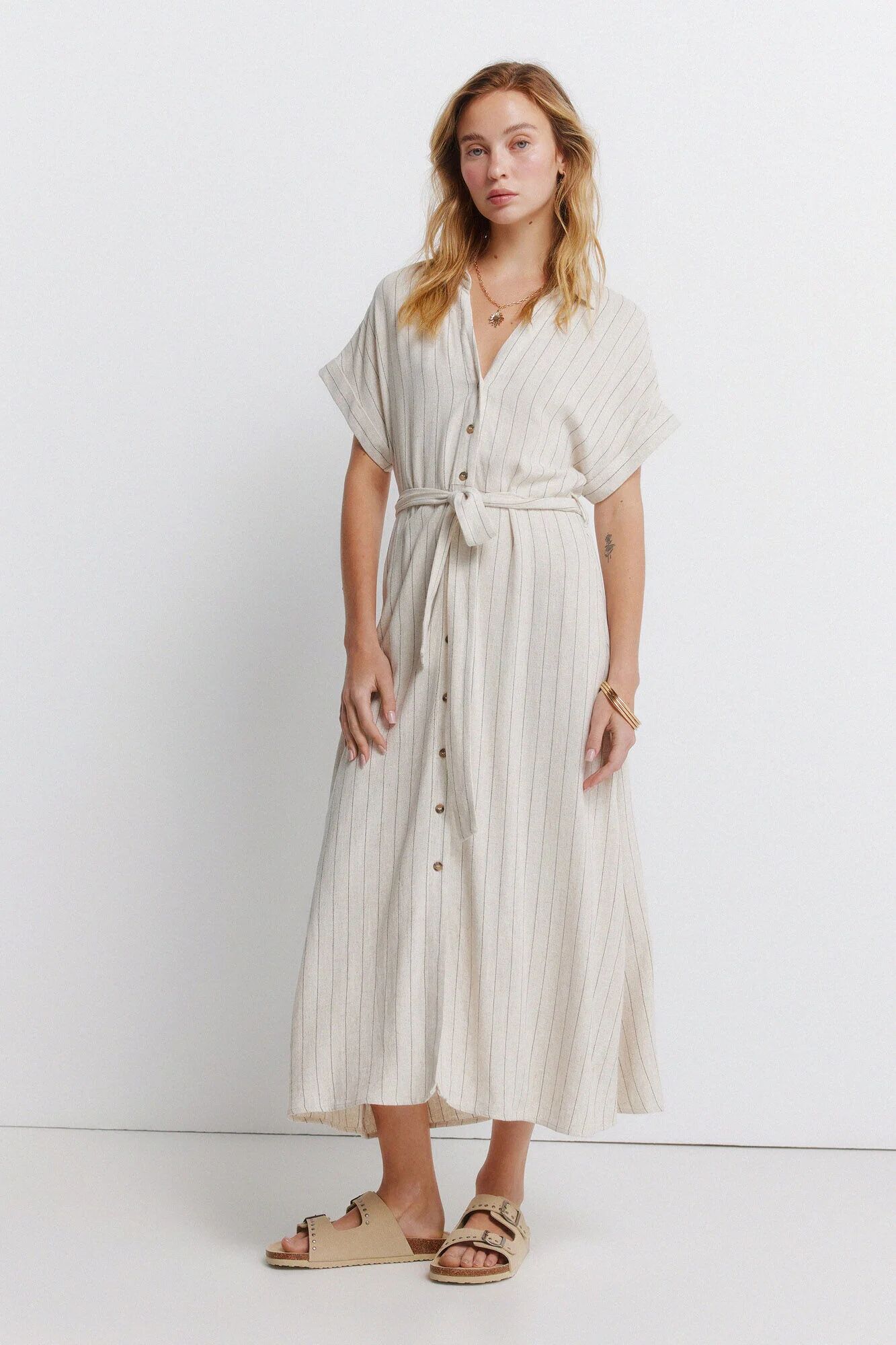 Robe Chemisier Midi En Lin À Rayures