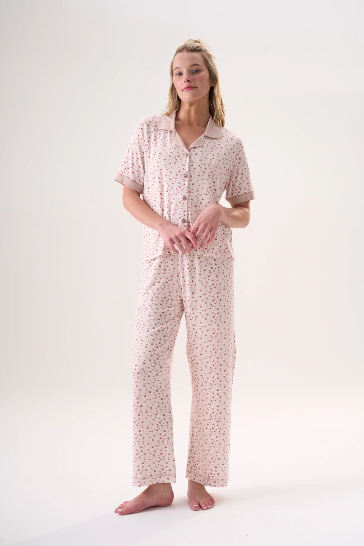 Ensemble De Pyjama Rose Fleuri Manches Courtes En Bambou