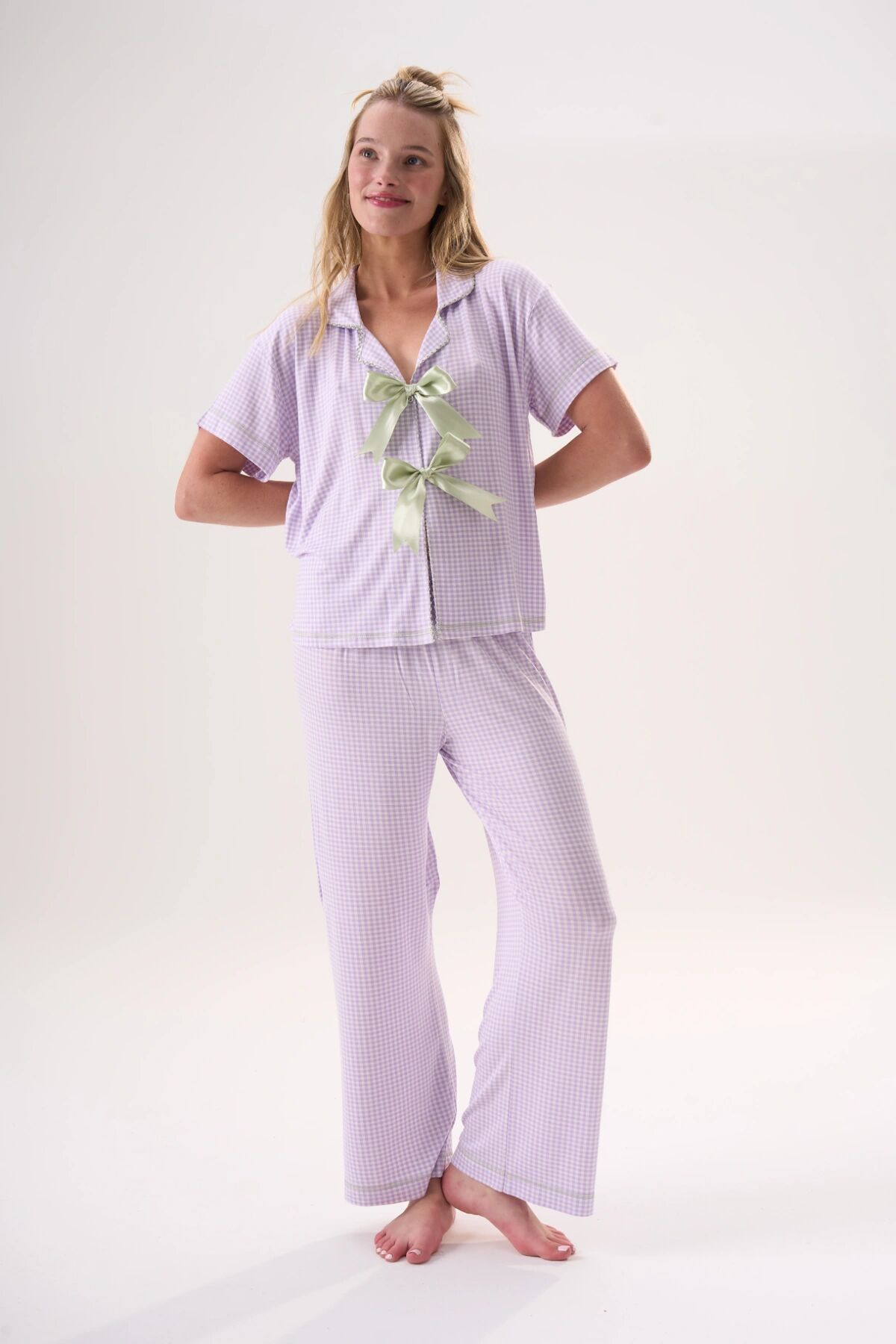 Ensemble De Pyjama Vichy Lavande & Nœuds Satinés