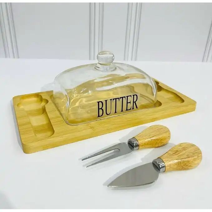 Beurrier Et Fromager Avec Base En Bois, Couteau Et Couvercle En Verre