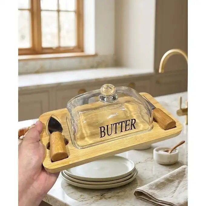 Beurrier Et Fromager Avec Base En Bois, Couteau Et Couvercle En Verre thumbnail 3