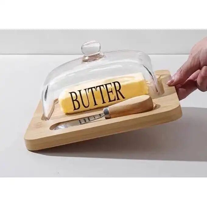 Beurrier Et Fromager Avec Base En Bois, Couteau Et Couvercle En Verre