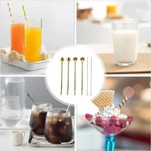 Ensemble De 6 Cuillères Dorées Avec Paille Et Brosse De Nettoyage