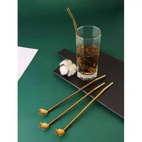 Ensemble De 6 Cuillères Dorées Avec Paille Et Brosse De Nettoyage thumbnail 3