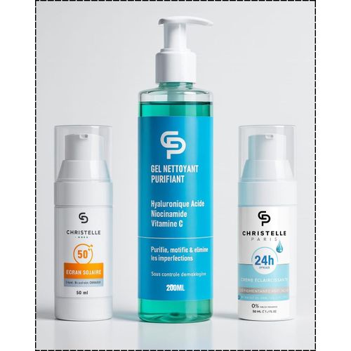 Christelle Paris Gel Nettoyant Hydratant 200ml, Crème Antitaches Depigmentente 50ml Et Écran Protection Invisible 50ml
