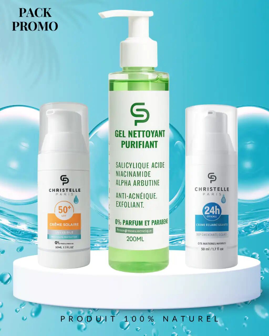 Pack Visage - Christelle Paris - Crème Dépigmentante 50ml - Écran Solaire Spf50 - Gel Nettoyant 200ml