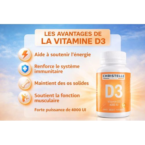 Christelle Paris Vitamine D3 4000 Ui – Énergie, Immunité Et Santé Osseuse 60 Capsules Softgel