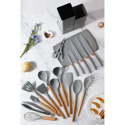 Lot De 19 Ustensiles De Cuisine En Silicone Avec Poignées En Bois, Et Porte-louche thumbnail 1