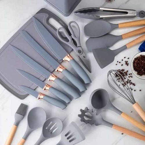 Lot De 19 Ustensiles De Cuisine En Silicone Avec Poignées En Bois, Et Porte-louche thumbnail 3