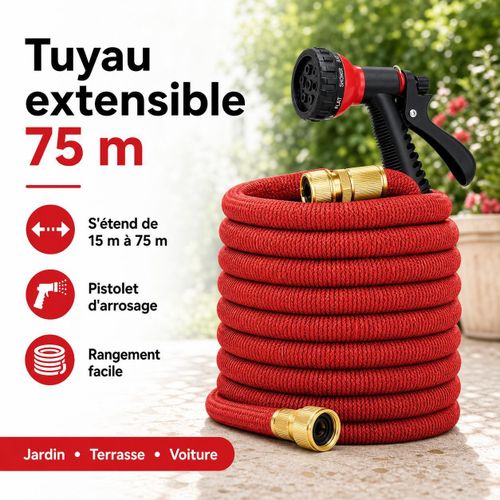 Flexible De Jardin 15 M À 75 M Extensible Noir Avec Raccords En Laiton, Tuyau Darrosage Résistant Et Facile À Manipuler