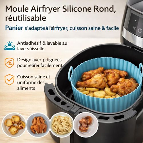 Moule Air Fryer Silicone Réutilisable Rond – Panier Antiadhésif Résistant À La Chaleur Avec Poignées, Accessoire Cuisson Sans Huile, Facile À Nettoyer, Compatible Friteuse À Air