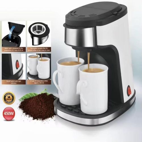 Machine À Café Électrique 450 W – Double Tasse, Filtre Réutilisable, 240 Ml – Préparer 2 Tasses En Quelques Minutes