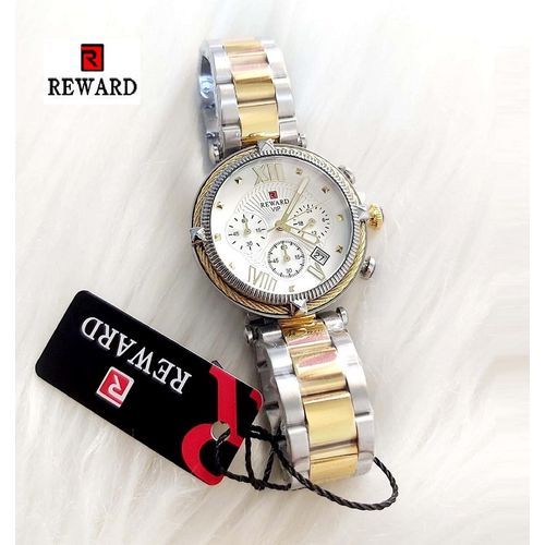 Montre Chronographe Quartz – Cadran Blanc et Bracelet Acier Bicolore Argent et Or