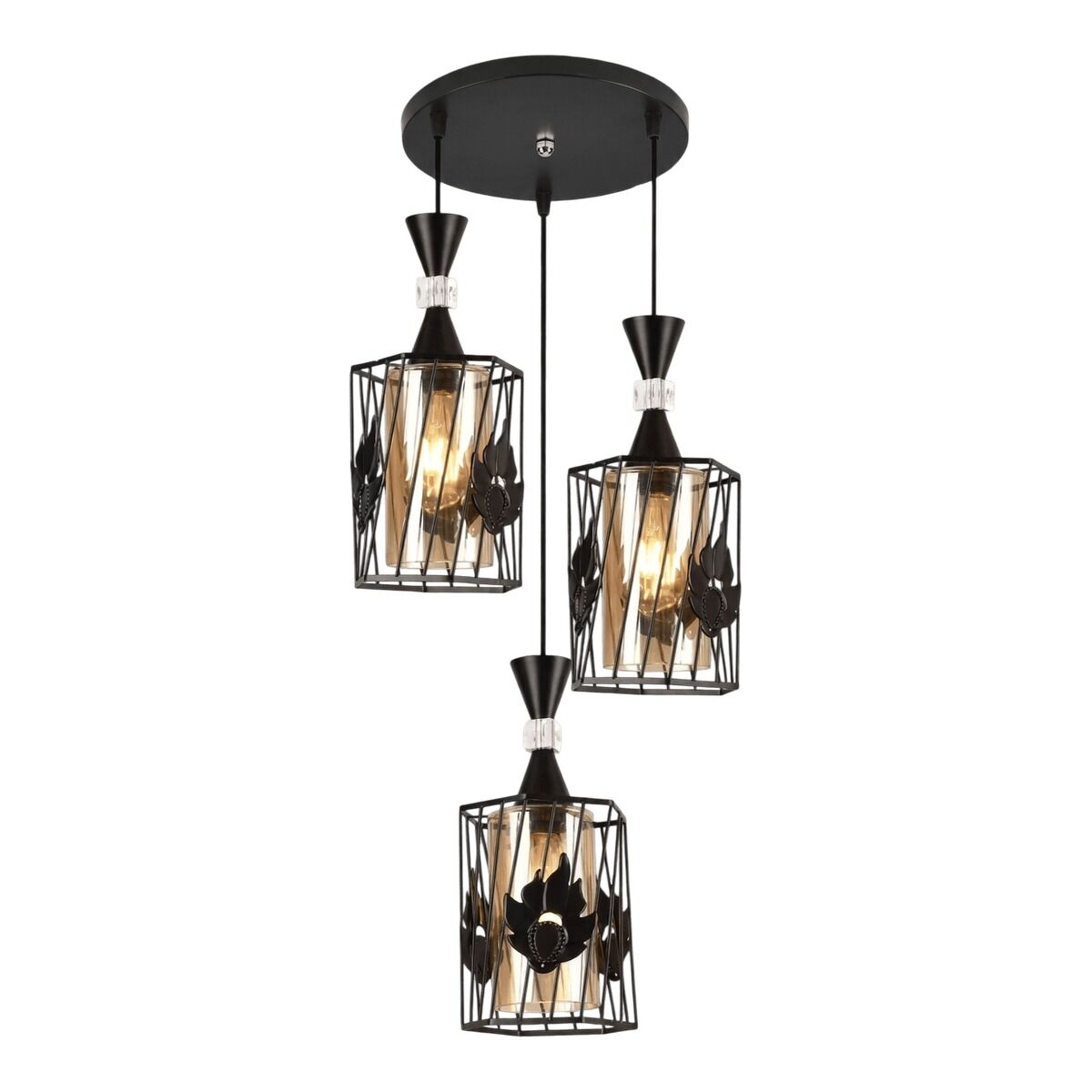 Cage pendant light in iron and glass — Black