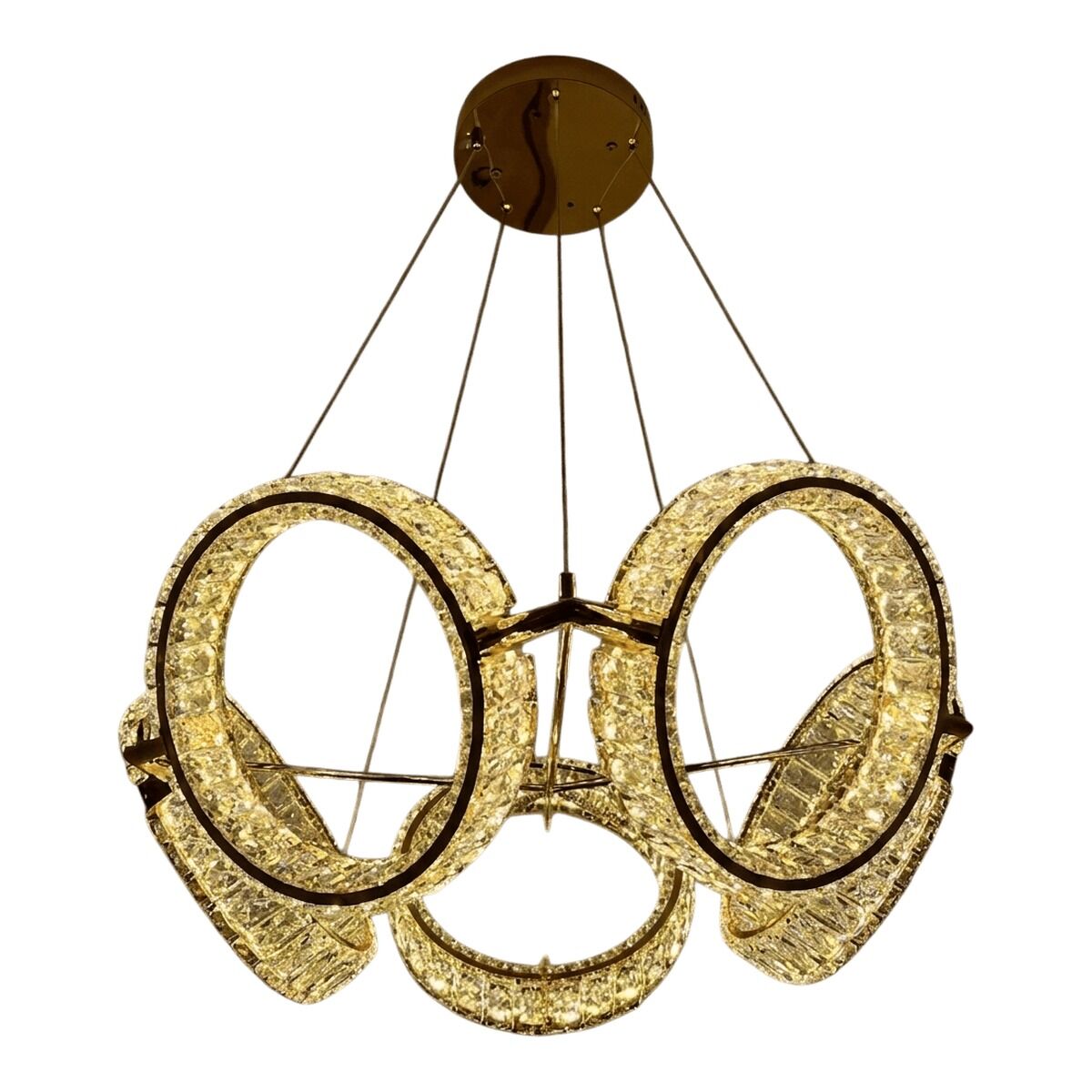 Suspension LED à 5 anneaux en fer et cristal — Doré