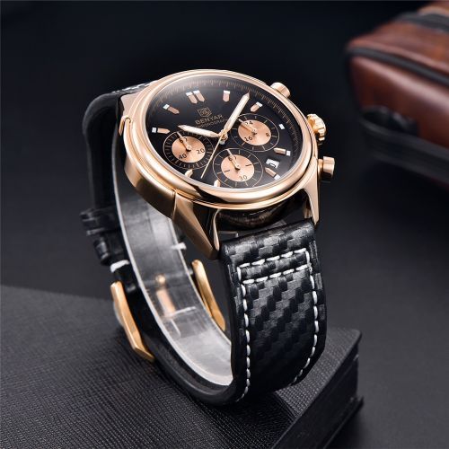 Montre-bracelet En Cuir Véritable Chronographe Quartz