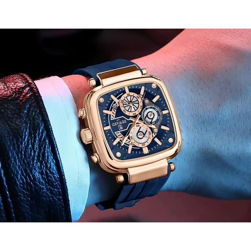 Montre Carrée Avec Bracelet En Silicone, Calendrier, Chronographe