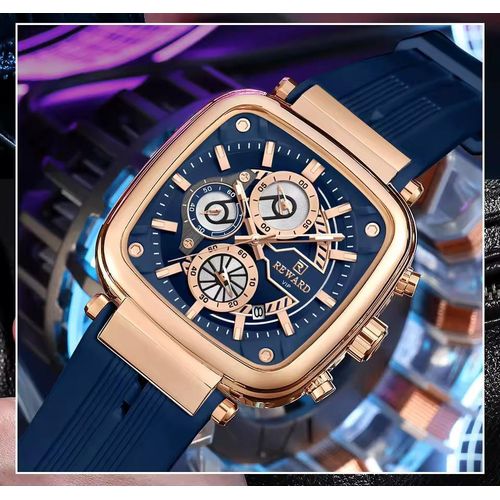 Montre Carrée Avec Bracelet En Silicone, Calendrier, Chronographe