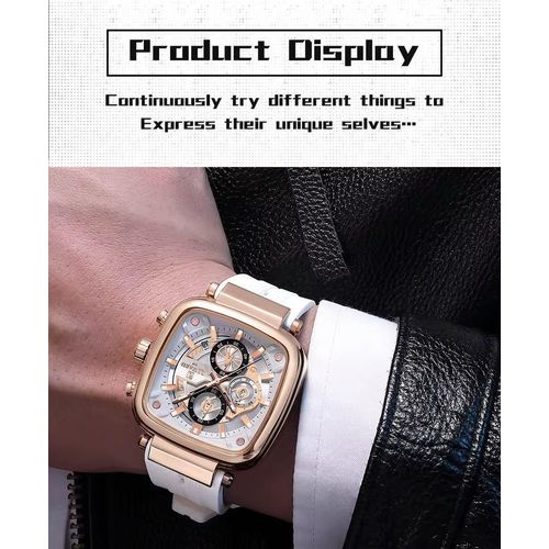 Montre Carrée, Bracelet Silicone, Calendrier, Chronographe, Mode Sport