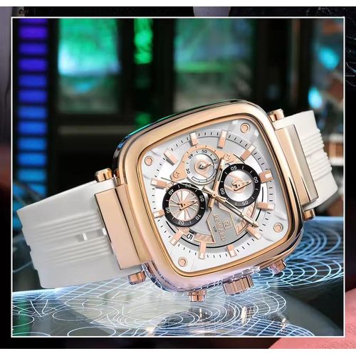 Montre Carrée, Bracelet Silicone, Calendrier, Chronographe, Mode Sport