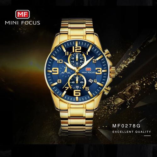 Montre Chronographe Doré Fond Bleu Mouvement Quartz