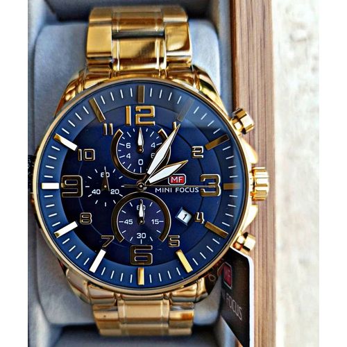 Montre Chronographe Doré Fond Bleu Mouvement Quartz thumbnail 3