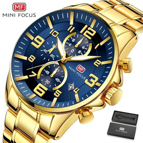 Montre Chronographe Doré Fond Bleu Mouvement Quartz