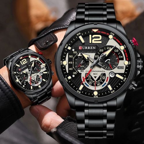 Montre En Acier Inoxydable, Chronographe Lumineuse – Noir