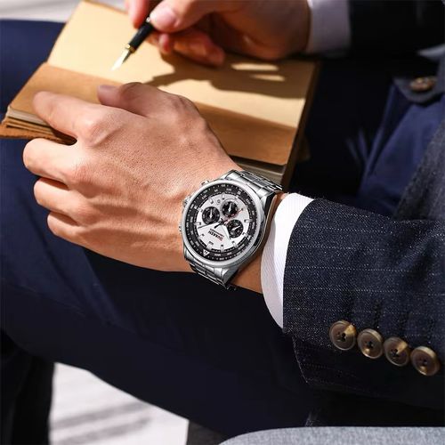 Montre, Bracelet Étanche Pour Homme Chronographe En Acier Inoxydable thumbnail 3
