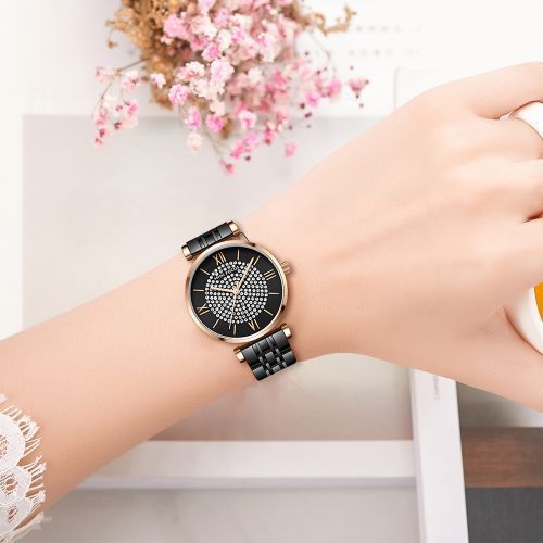Montre-bracelet Noir, Avec Strass, Entièrement En Diamant