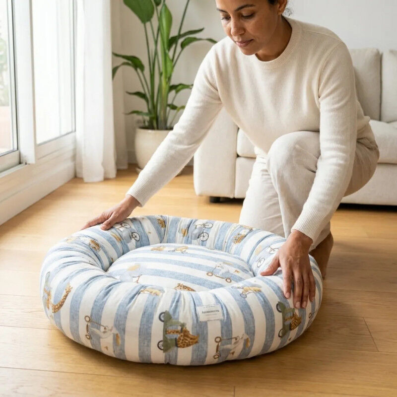 Coussin Donut Xl En Lin Happy Bleu Pour Chien Et Chat thumbnail 3