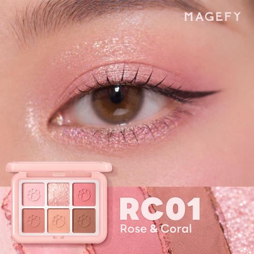 Magefy Palette Fards À Paupières 6 Couleurs Rc01 Rose & Coral - Ombres À Paupières Mat & Scintillant, Pigments Modulables, Palette Compacte Maquillage Yeux