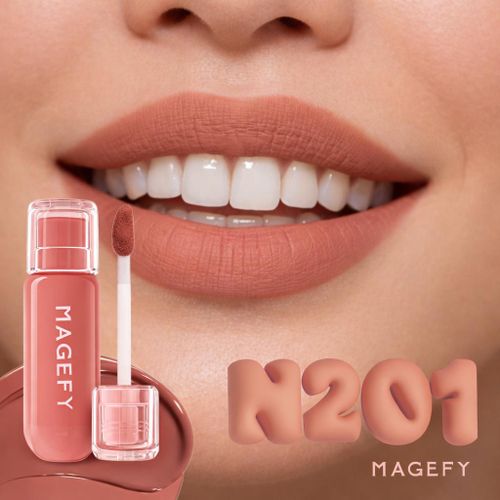 Magefy Lip Glaze Mat N201 Nude - Rouge À Lèvres Liquide Effet Velours, Teinte Naturelle, Application Précise