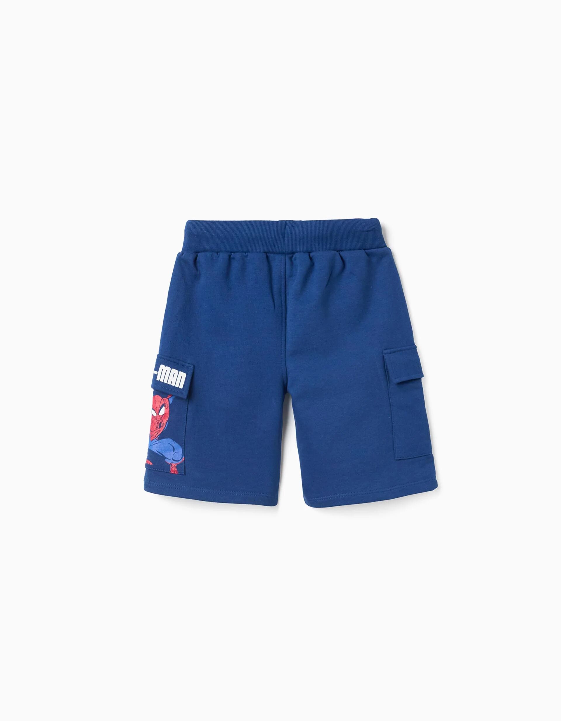 Cotton Shorts With Spider-man Print And Cargo Pockets For Boys, Blue