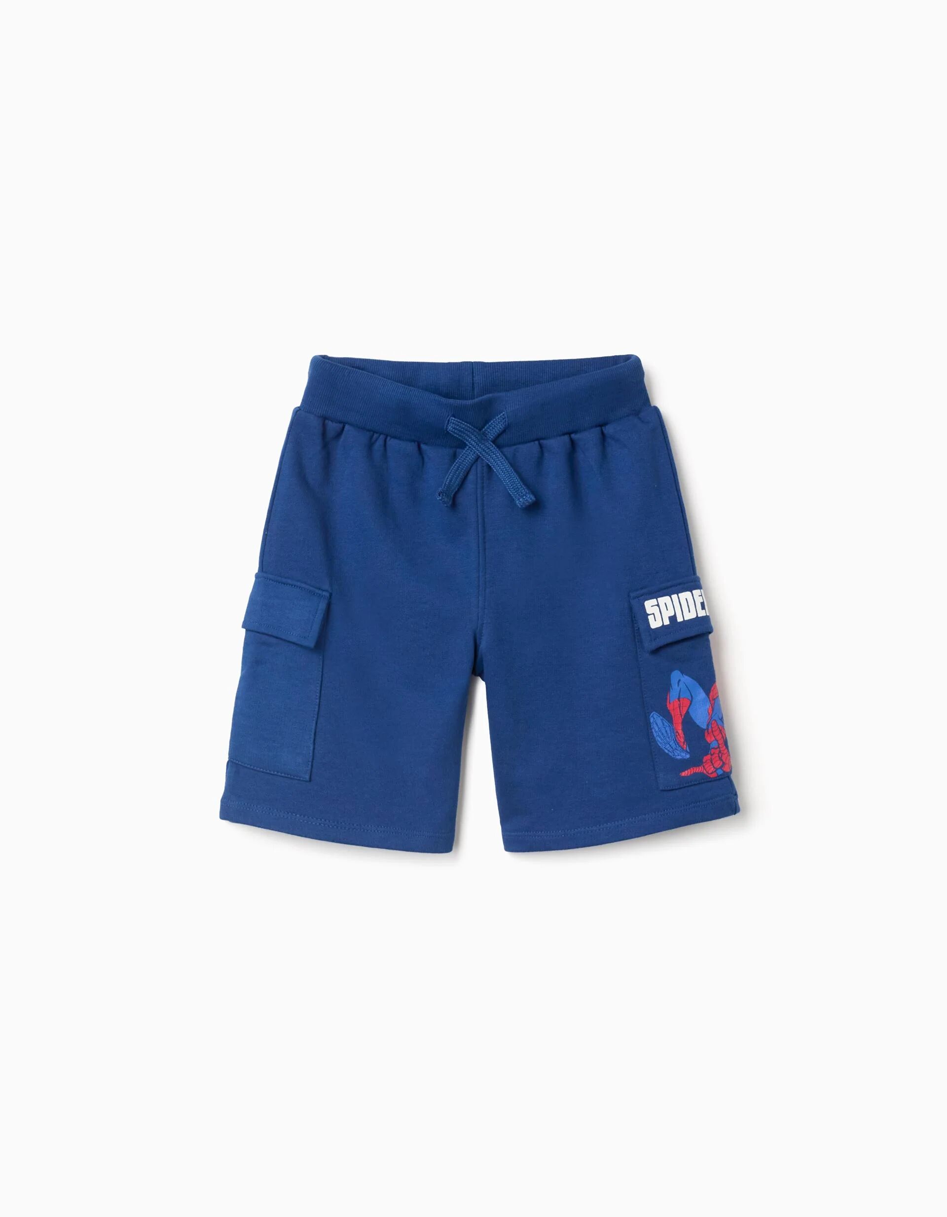 Cotton Shorts With Spider-man Print And Cargo Pockets For Boys, Blue