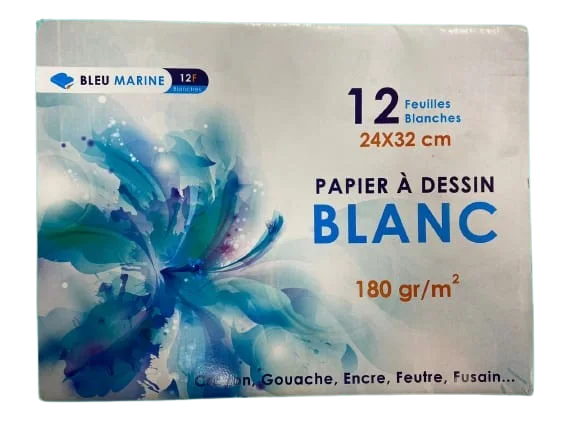Pochette Papier Dessin Blanc 12 Feuilles 24 × 32 Cm 180g Bleu Marine