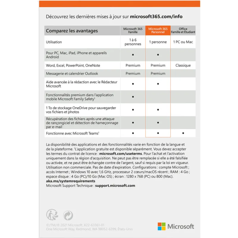 Microsoft 365 Personnel Français - 1 An / 1 Pc