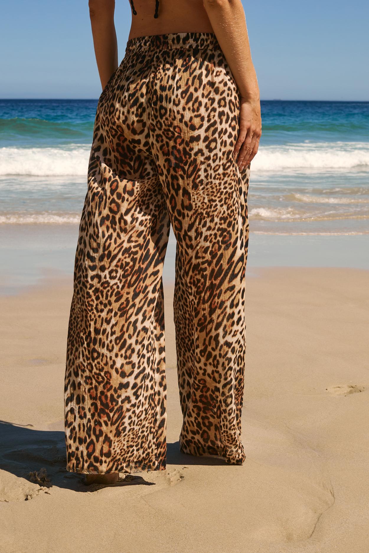 Pantalon Fluide Élastiqué En Coton À Imprimé Léopard thumbnail 4