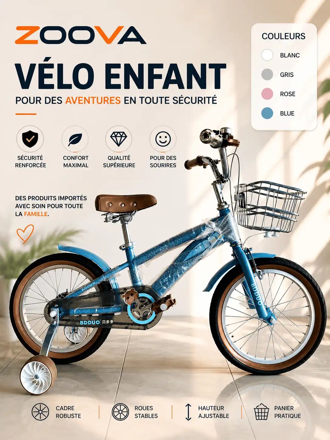 Vélo Enfant Bdduo Roues Stabilisatrices, Panier Avant, Hauteur Ajustable