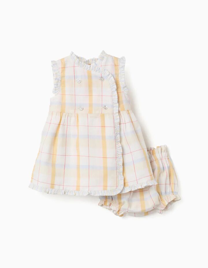 Checked Cotton Dress + Bloomers B&s For Newborn Girls